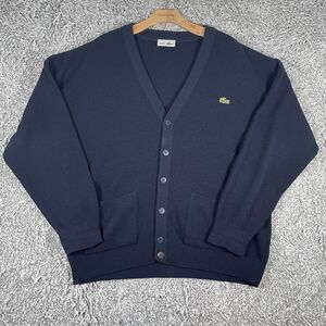 Vintage Chemise Lacoste Cardigan Sweater Men’s Size 6 (XL) Navy Blue Wool Golf
